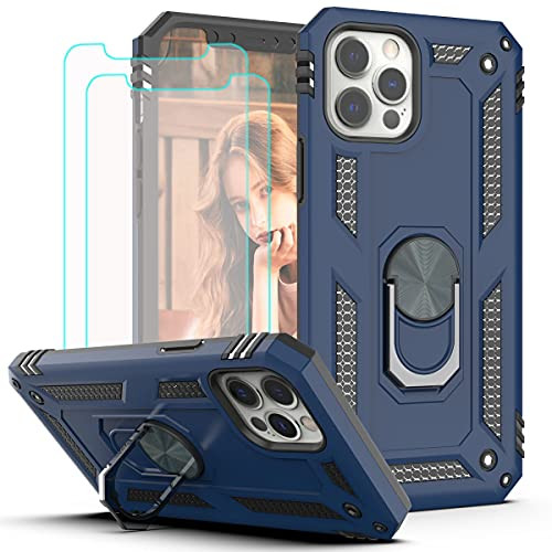 KaiMai iPhone 12 Pro Max Case with HD Screen Protector -2Pack- 360 Degree Rotating Ring  and  Bracket Dual Layers of Shockproof TPU and Solid PC Phone Case for Apple iPhone 12 Pro Max 6.7 inch-Blue