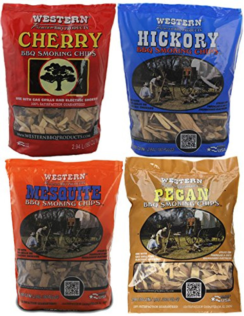 Western BBQ Smoking Wood Chips Variety Pack Bundle (4) Cherry, Hickory, Mesquite and Pecan Flavors (Cherry, Mesquite, Hickory, Pecan)