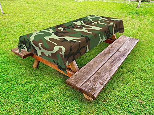 Ambesonne Camo Outdoor Tablecloth- Classical American Commando Uniform Inspired Pattern Forest Tile- Decorative Washable Picnic Table Cloth- 58" X 84"- Pale Green Brown Forest Green