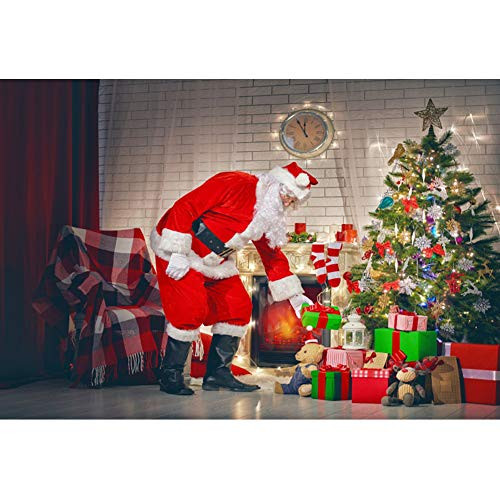 LFEEY 5x3ft Vinyl Christmas Backdrop for Photoshoot Christmas Tree Gift Box Santa Claus White Brick Wall Photography Backdrop Baby Kids Portrait Background Holiday Xmas Decor Photo Booth Studio Prop