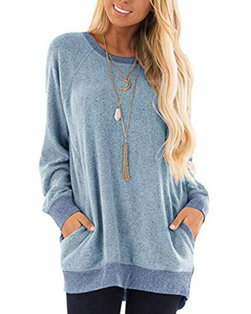 Women Long Sleeve Round Neck Sweatshirt Pocket Pullover Loose Tunic Shirts Blouse Tops Light Blue M