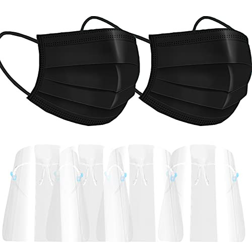 50 Pack Black Face Mask Disposable Face Masks with 8 Pack Glasses Face Shield Clear Visor Anti-fog Safety Face Shields