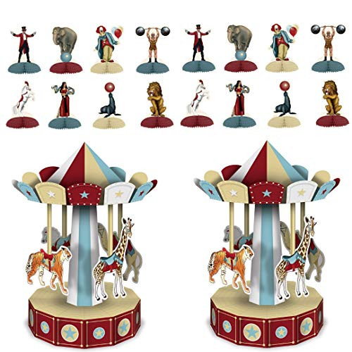 Vintage Circus Party Decorations, 16 Mini Centerpieces, 2 10" Carousel Centerpieces, Wildflower Party Planner