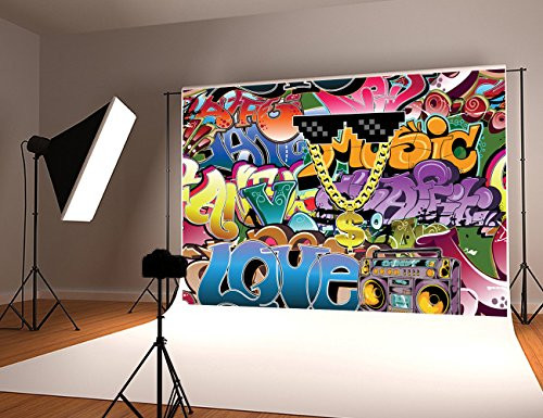 Damier 9ft(W) x 6ft(H) Graffiti Photography Backdrops Vinyl Retro Style 80's Party Decoration Photo Booth Studio Props