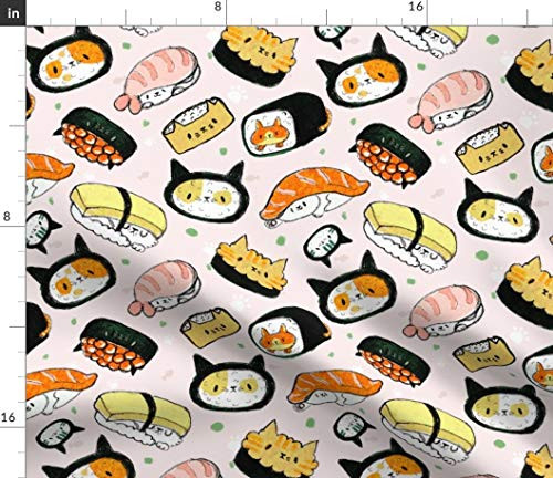 Spoonflower Fabric - Kawaii Kitty Sushi Cute Cat Printed on Linen Cotton Canvas Fabric by The Yard - Sewing Home Decor Table Linens Apparel Bags