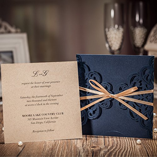 Wishmade 20x Navy Blue Rustic Square Laser Cut Wedding Invitations Cards with Bow Lace Sleeve Cards for Engagement Birthday Quinceanera (Set of 20pcs)