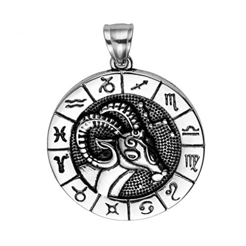 Oakky Vintage Unisex Stainless Steel Hip Hop Twelve Constellation Zodiac Astrology Horoscope Pendant Round Dog Tag Necklace Aries No Chain