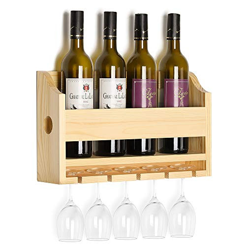 NEX Wall Mounted Wine Rack, Wood Wine Rack for Wine Bottles & Stemware Glasses, with 5 Long Stem Glass Holder | Home & Kitchen Décor | Storage Rack