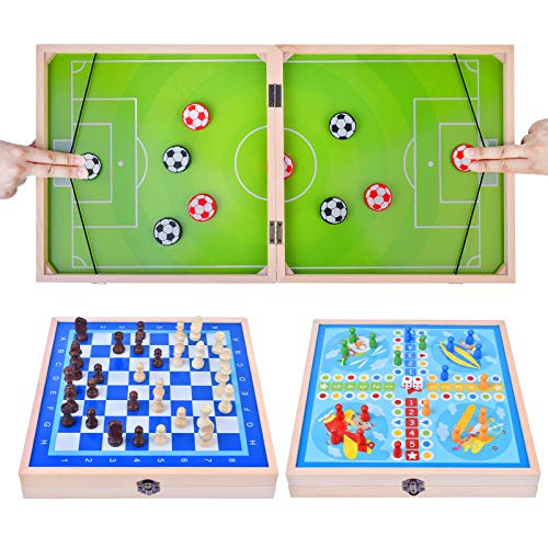 Fast Sling Puck Game-Wooden Hockey Game Sling Puck-3 in 1 Foldable Desktop Hockey Puck Game with- Family Party Game for Kids- Board Games for Family Night?Ludo Game?Chess Game