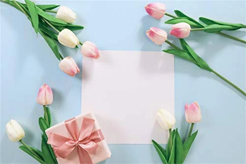 Leowefowa Happy Mother's Day Backdrop 5x3ft Vinyl Graceful Pink Tulips Gift Box White Paper Photography Background Togetherness Photo Shoot Party Banner Wallpaper Studio Props