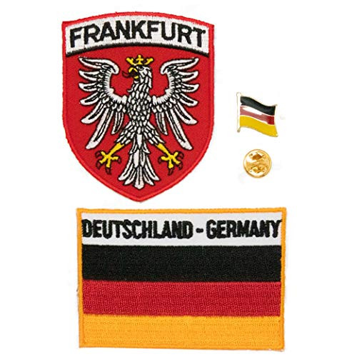 A-ONE 3 PCS Pack- Germany Frankfurt with White Stork Shield Patch Plus  Germany Rectangle Flag Patch Plus  Germany Flag Lapel Pin- Applique Patches- Enamel Badge A-ONE 3 PCS Pack- Germany Frankfurt with White Stork Shield Patch Plus  Germany Rectangle Flag Patch Plus  Germany Flag Lapel Pin- Applique Patches- Enamel Badge