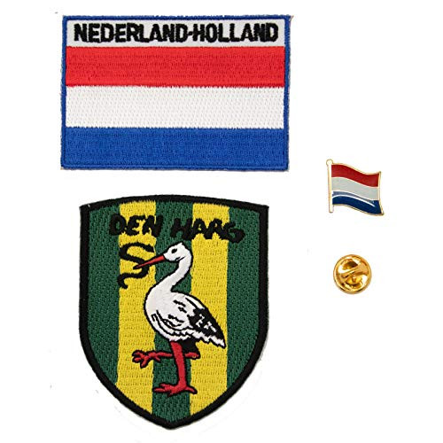 A-ONE 3 PCS Pack- The Netherlands Den HAAG Stork Shield Patch  Plus  Holland Flag Bag Badge Patch  Plus  Nerderland Flag Pin- Schraffenhach Ooievaar Patch- Country Flag Lapel