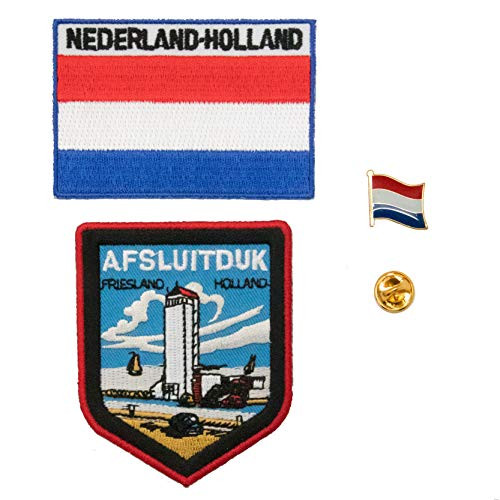 A-ONE 3 PCS Pack- The Netherlands Friesland Afsluitdijk Patch  Plus  Netherlands National Flag Patch  Plus  Holland Flag Badge- Afsluitdijk Shield Patch- Emblem Pin No.094B