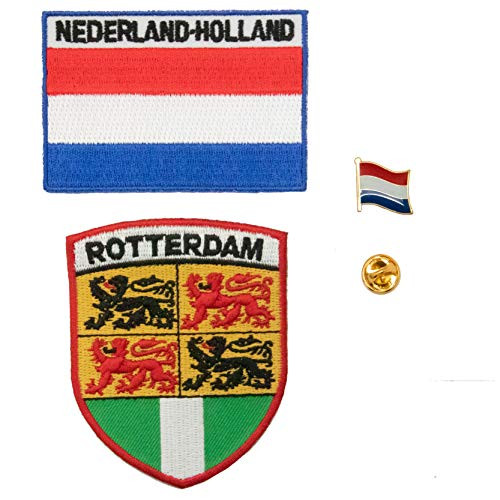 A-ONE 3 PCS Pack- The Netherlands Rotterdam Lion Embroidery Patch  Plus  Holland Flag Sew-on Patch  Plus  Netherlands Flag Pin- Rotterdam Shield Patch- Flag Lapel Pin