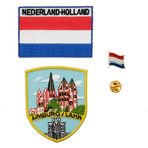 A-ONE 3 PCS Pack- The Netherlands Limburg Landmark Patch  Plus  Netherlands National Flag Patch  Plus  Holland Flag Enamel Pin- City Embroided Shield Badge- Emblem Pin