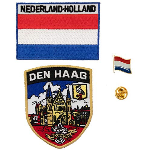 A-ONE 3 PCS Pack- The Hague Shield Patch  Plus  Netherlands Flag Patch  Plus  Netherlands Flag Badge- Den HAAG Applique Patch and Country Lapel Pins