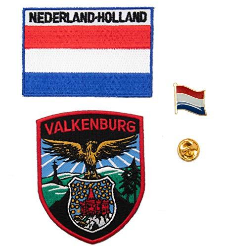 A-ONE 3 PCS Pack- The Netherlands Valkenburg Shield Patch  Plus  Holland Flag Embroidered Patch  Plus  Nerderland Flag Badge- Applique Patches- Country Flag Pin