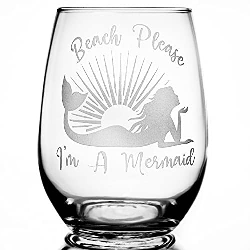 Stemless Wine Glass 17oz - With Permanent Etching - Fun Gifts - Dishwasher Safe Beach please I'm a Mermaid -Laying down-