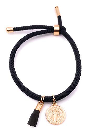 LESLIE BOULES 18K Gold Plated Saint Benedict Black String Bracelet Adjustable Charm Genuine Azabache Hand Unisex Protection Jewelry