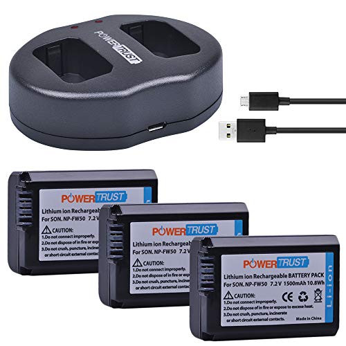 PowerTrust 3-Pack NP-FW50 Battery and FW50 Dual USB Charger for Sony Alpha A6500, A6300, A6000, A7, A7II, A7SII, A7S, A7S2, A7R, A7R2, A7RII, A55, A5000 A5100, RX10, RX10II Camera