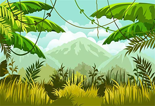 Laeacco Artistic Cartoon Jungle Rainforest Backdrop Vinyl 5x3ft Fairytale Overgrown Tropical Forest Lush Woods Palm Ivy Remote Mountains Background Birthday Party Banner Child Kids Baby Portrait Shoot