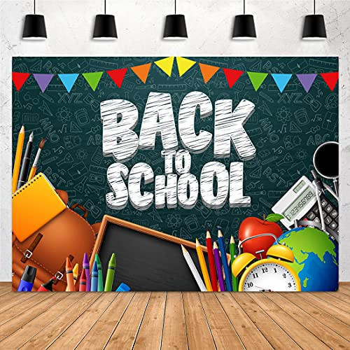 Aperturee 7x5ft Back to School Backdrop First Day of School Books Blackboard Tellurion Pencils School Bag Students Photography Background Portrait Party Decorations Photo Booth Studio Banner