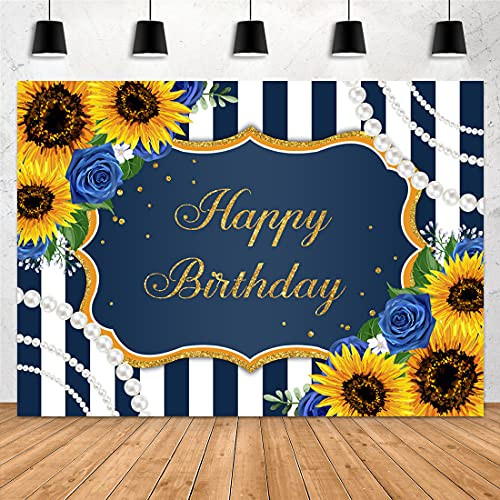 Aperturee Sunflower Navy Blue and White Stripes Happy Birthday Backdrop 7x5ft Pearl Girls Women Photography Background Cake Table Party Decoration Banner Supplies Favors Photo Booth Photoshoot Props