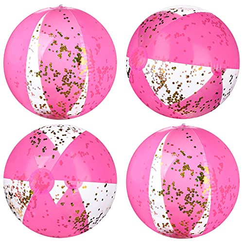 4 Pieces Inflatable Glitter Beach Balls Confetti Sequin Beach Ball Inflatable Pool Toy Ball for Summer Pool Beach Party Decoration -Gold and Pink- 40 cm-