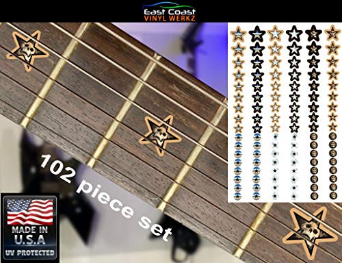 102 Piece Stars Guitar Fret / Fingerboard Inlay Markers Vinyl Decal Set Pick from Gloss or Satin Finish for Jackson ESP Gibson Fender Ibanez Dean Schecter -Stars in Satin Finish-