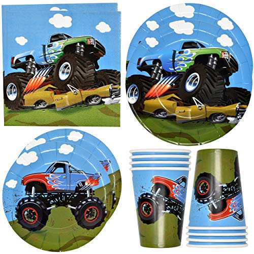 Monster Truck Party Supplies Tableware Set 24 9" Paper Plates 24 7" Dessert Plate 24 9 Oz Cups 50 Lunch Napkins for Monster Jam Racing Car Grave Digger Monsters Trucks Disposable Birthday Decorations Monster Truck Party Supplies Tableware Set 24 9" Paper Plates 24 7" Dessert Plate 24 9 Oz Cups 50 Lunch Napkins for Monster Jam Racing Car Grave Digger Monsters Trucks Disposable Birthday Decorations
