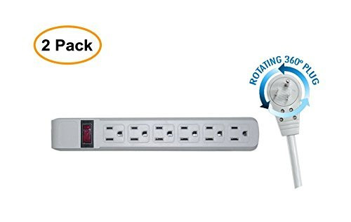 eDragon Surge Protector, Flat Rotating Plug, 6 Outlet, Horizontal Outlets, Plastic, Power Cord, 6 Feet, Gray, Pack of 2