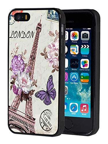 iPhone 5 Case-iPhone 5S Case-iPhone SE Case-BWOOLL Retro Flower Butterfly and Eiffel Tower Design Slim Anti-Scratch TPU Rubber Protective Cover for Apple iPhone 5/iPhone 5S /iPhone SE