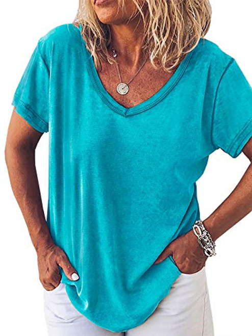 Womens Short Sleeve V Neck Shirts Summer Loose Casual Tee T-Shirt Basic Plain Tops -Lake Green- Large- l-