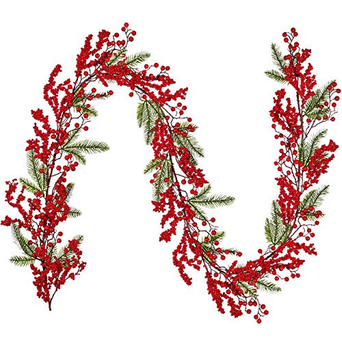 Artiflr 6Ft Red Berry Christmas Garland- Artificial Greenery Garland with Red Berries and Spruce Stems for Holiday Fireplace Mantel Table Home Decorations Artiflr 6Ft Red Berry Christmas Garland- Artificial Greenery Garland with Red Berries and Spruce Stems for Holiday Fireplace Mantel Table Home Decorations