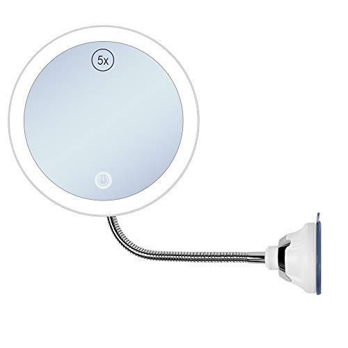Gecoun LED 5X Magnifying Makeup Mirror with Light Bathroom Lighted Vanity Mirror, Wall Mount Mirror with Flexible Gooseneck and Strong Suction Cup