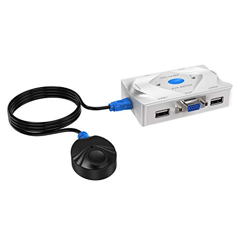 TENINYU 2 Port VGA KVM Switch Box vr switches with Desktop Controller Push Button Hot-Key Switch Support Wireless USB Keyboard and Mouse (Cables Included) (2 Port)