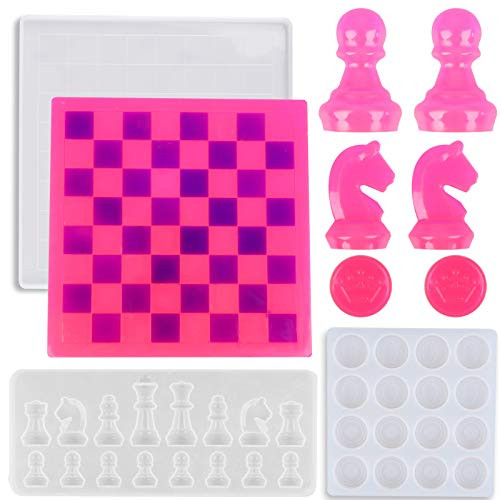 3 Pieces Chess Silicone Molds Set- Including Chess Board Resin Mold- Chess Epoxy Mold and 3D International Checker Resin Casting Mold for DIY Crafts Making Board Games Supplies