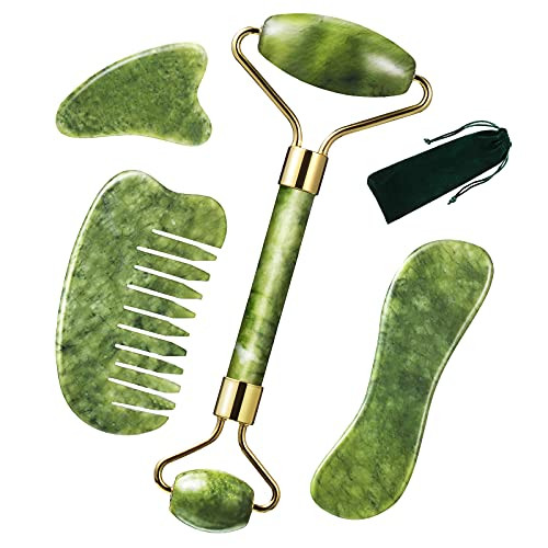 4 Pieces Jade Roller Gua Sha Massage Tool Set- Gua Sha Scraping Tool- Original Natural Jade Stone- Gua Sha Facial Tools for Face- Eyes- Neck- Body Muscle Relaxing and Massaging Fine Lines and Wrinkles
