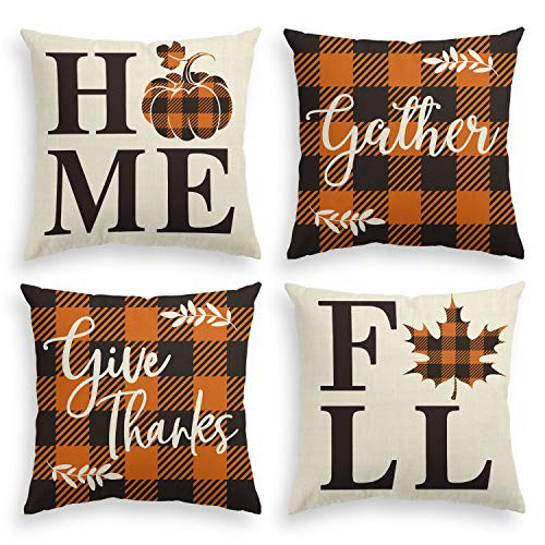 AVOIN Home Fall Buffalo Check Plaid Pumpkin Maple Leaf Throw Pillow Cover- 22 x 22 Inch Autumn Give Thanks Gather Farmhouse Cushion Case for Sofa Couch Set of 4