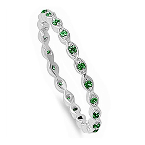 Blue Apple Co. 2MM Full Eternity Stackable Wedding Engagement Band Ring Round Simulated Emerald 925 Sterling Silver