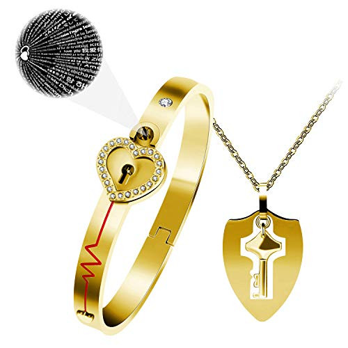 Gold Plated Stainless Steel 100 Languages I Love You Heartbeat Heart Bangle Bracelet and Shield Key Pendant Necklace for Couples Y953 -Gold- Gold Plated Stainless Steel 100 Languages I Love You Heartbeat Heart Bangle Bracelet and Shield Key Pendant Necklace for Couples Y953 -Gold-
