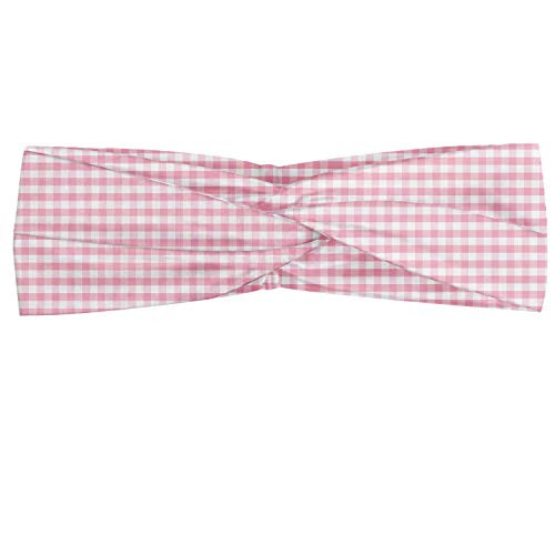Ambesonne Picnic Headband- Continuous Gingham Check Simplistic Concept Buffalo Squares Illustration- Elastic and Soft Women's Bandana for Sports and Everyday Use- Baby Pink and White