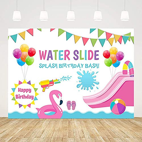 ABLIN 7x5ft Summer Water Slide Bash Backdrop Splish Splash Pink Girl Birthday Party Decorations Water Gun Flamingo Background Cake Table Banner Decor Props Supplies