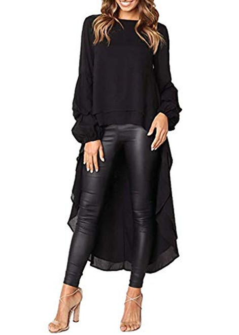 Aiscool Women's Lantern Long Sleeve T-Shirt Round Neck High Low Dress Asymmetrical Irregular Hem Casual Tops Blouse -Black- L-