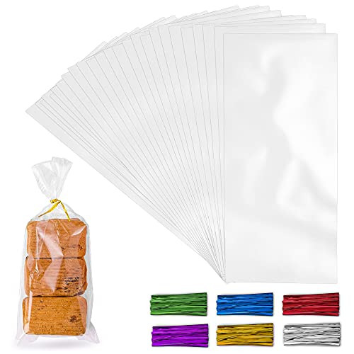 Simple Craft 200 Pack Candy Treat Cellophane bags - 4x9 Thick Plastic Candy Bags With Ties For Goodie Bags - Clear Cellophane Treat Bags For Candy- Cookies  and  Pastries -4''x9''-