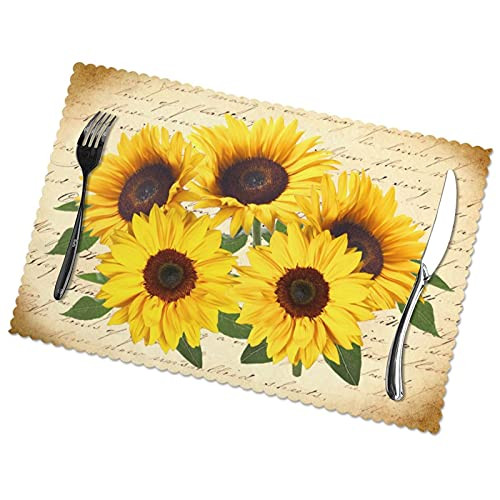 Sunflower Placemats Set of 4 Yellow Sunflowers Heat Resistant Washable Non-Slip Sunflower Placemat 12x18 Inch Suitable for Indoor Kitchen Dining Table