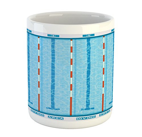 Lunarable Blue Mug- Sports Competition Theme Swimming Pool with Lanes Aquatic Pictogram Image- Ceramic Coffee Mug Cup for Water Tea Drinks- 11 oz- White Aqua
