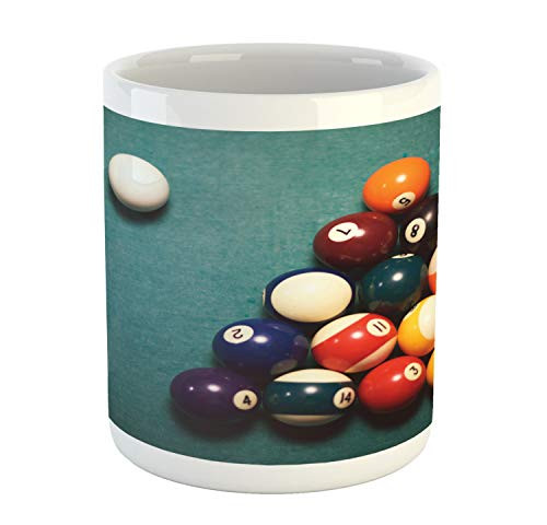 Lunarable Billiard Mug- High Angle View of Pool Table with Cue and Balls Sports Party Fun- Ceramic Coffee Mug Cup for Water Tea Drinks- 11 oz- Cadet Blue Multicolor