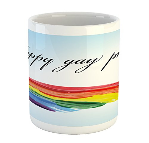 Ambesonne Pride Mug- Happy Gay Pride with Hand Writing Celebration Theme LGBT Colored Paint Image Print- Printed Ceramic Coffee Mug Water Tea Drinks Cup- Multicolor