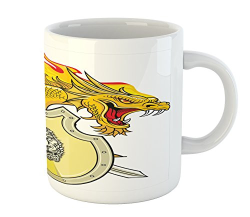 Ambesonne Dragon Mug- Creature with Royal Shield Hero Knight Medieval Times Print- Printed Ceramic Coffee Mug Water Tea Drinks Cup- Marigold Pistachio Green
